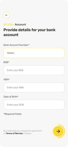 Screenshot of bank account details being added
