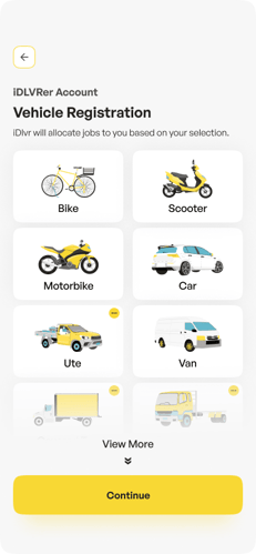Screenshot of vehicle type selection